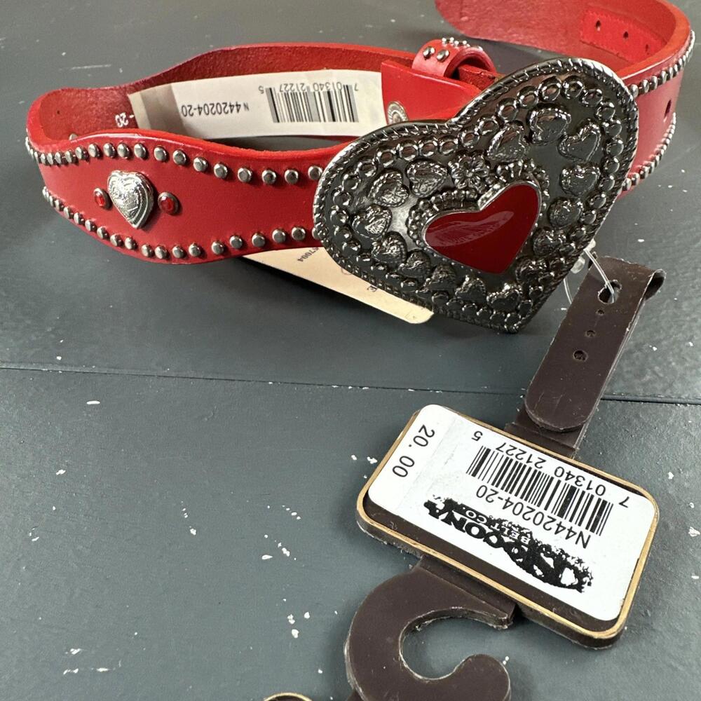 Nocona Belt Teen Girls Red Leather Heart Conch Ribbon Studded Buckle Size 20 NWT